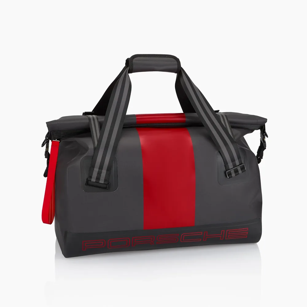 Black Porsche 911 GT3 S/C travel bag with a red center stripe